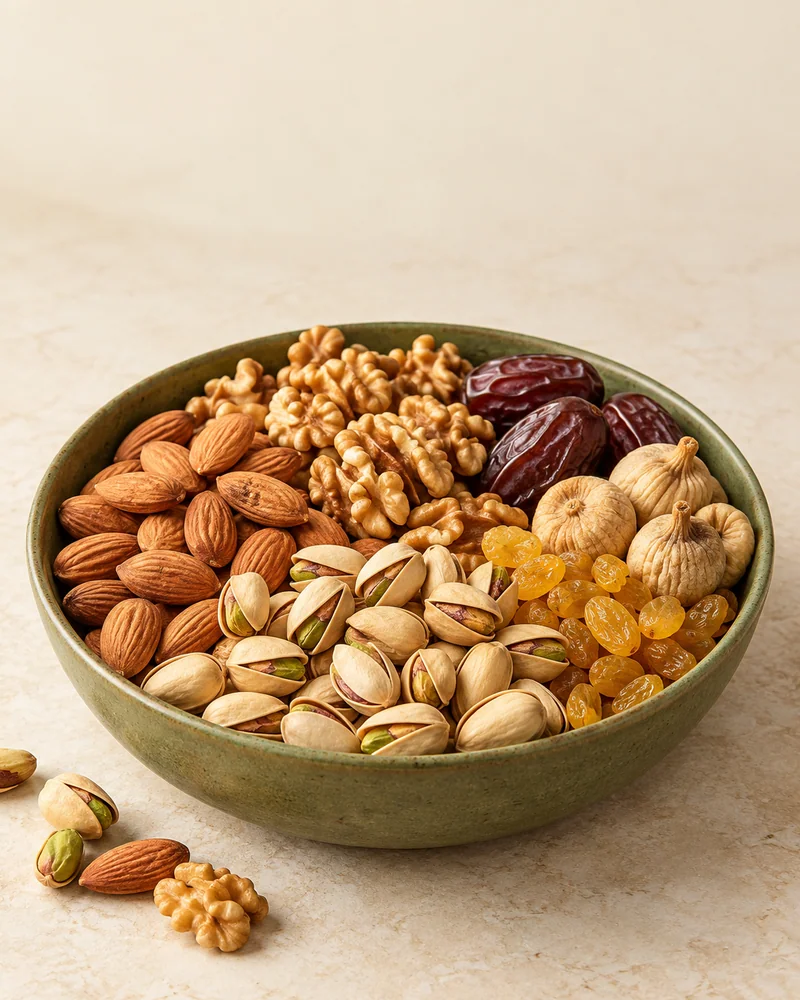 Pistachios, almonds, walnuts, dates, figs and raisins arranged in an olive ceramic bowl, representative product image